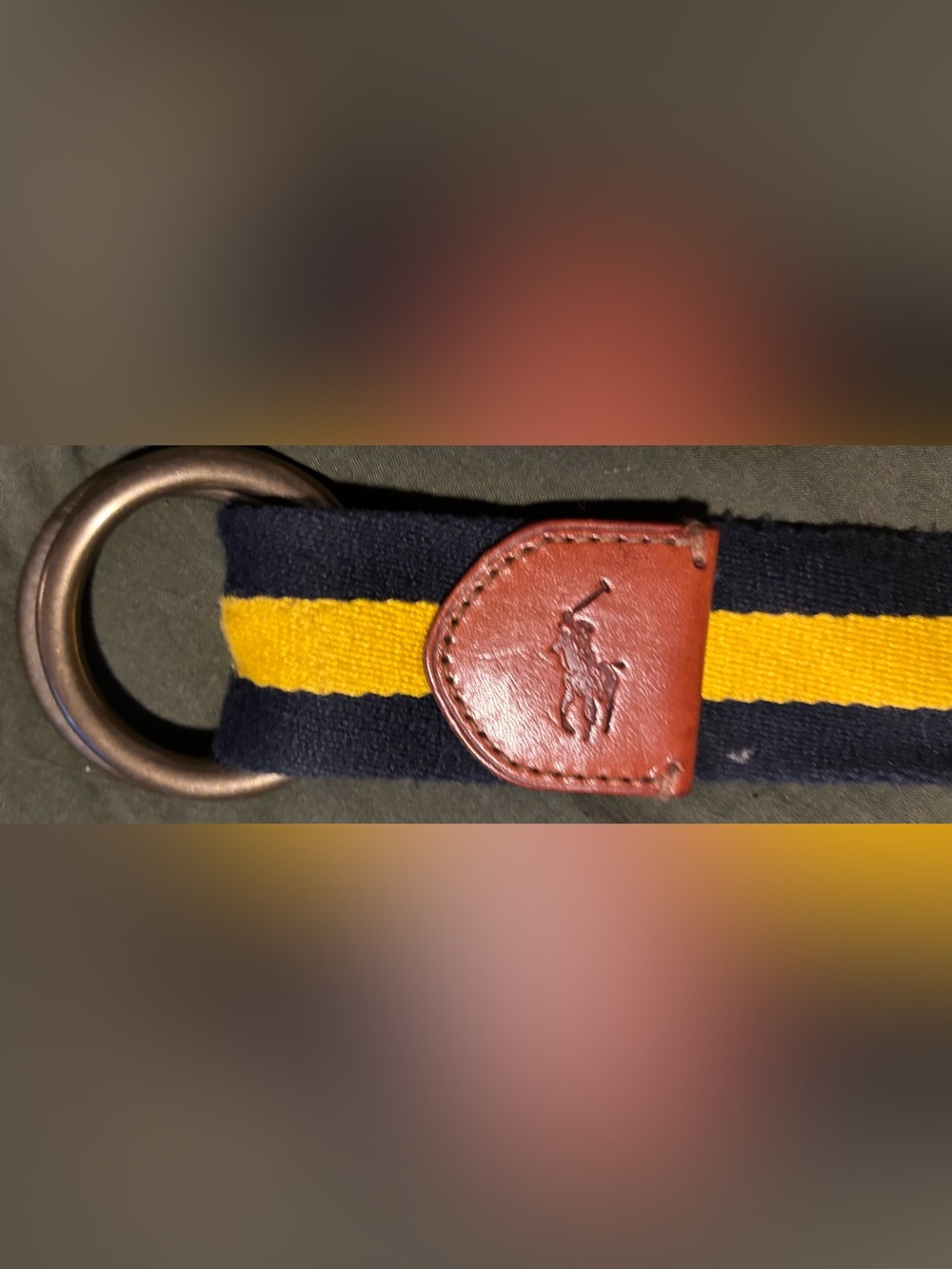 Ralph Lauren Navy and Yellow Striped Canvas Belt with Brown Leather Trim